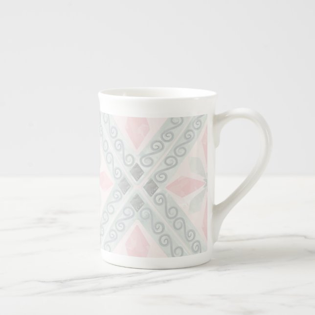 Green and pink pastel diamond pattern bone china mug (Right)
