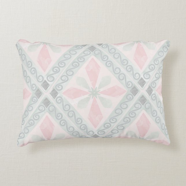 Green and pink pastel diamond pattern decorative cushion (Front)