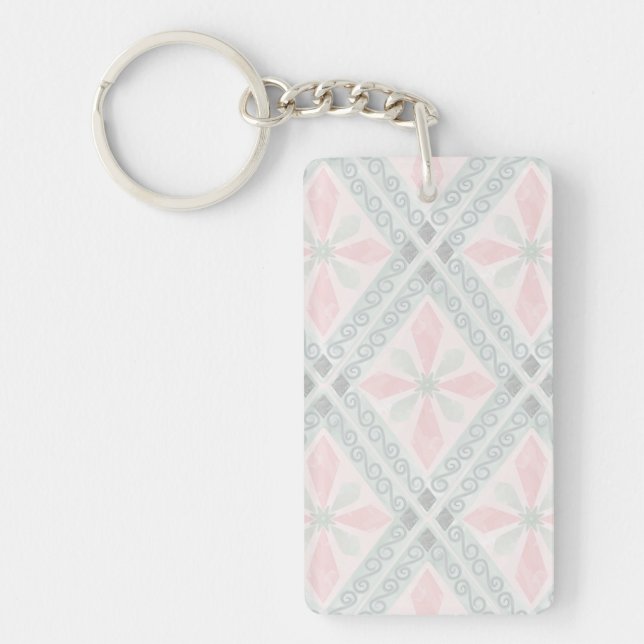 Green and pink pastel diamond pattern key ring (Front)