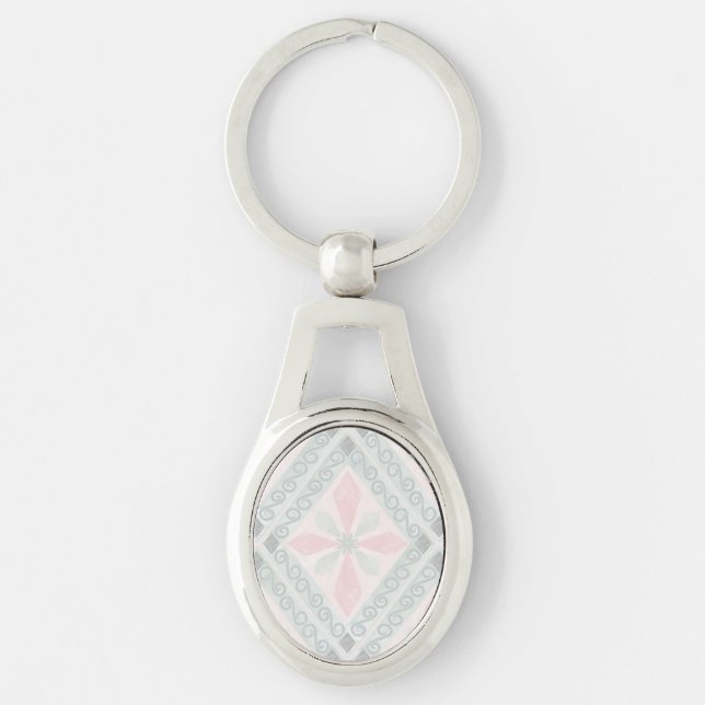Green and pink pastel diamond pattern key ring (Front)