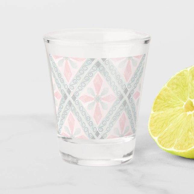 Green and pink pastel diamond pattern shot glass (Front)