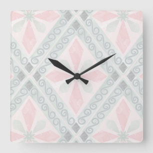 Green and pink pastel diamond pattern square wall clock