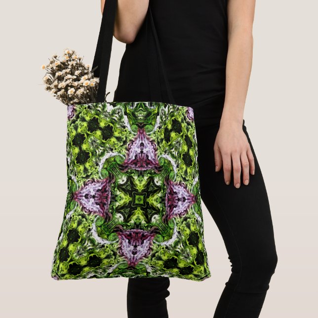 Green and Pink Pattern with Organic Flow Tote Bag (Close Up)