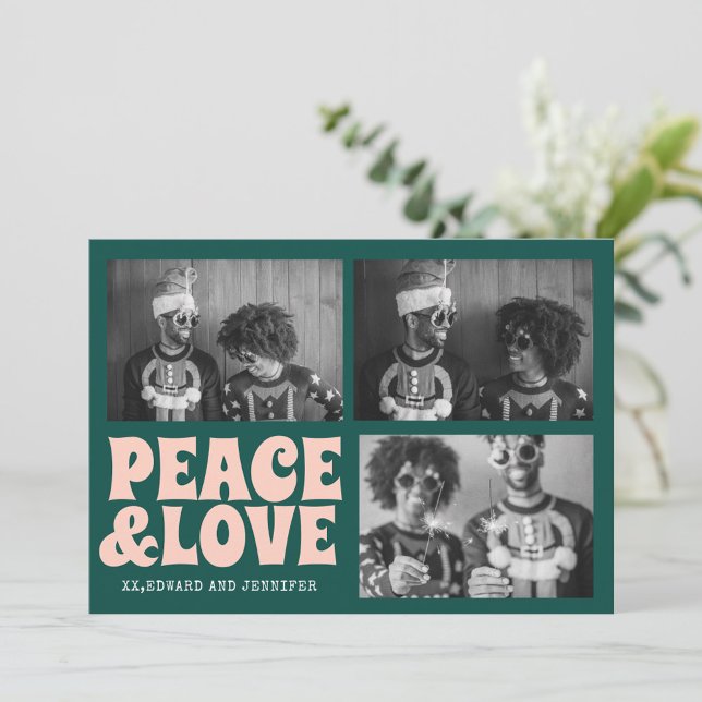 Green and Pink Peace and Love Christmas Photo Card (Creator Uploaded)