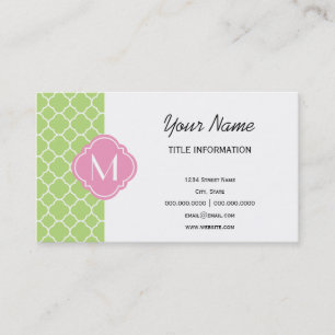 Green and Pink Quatrefoil Pattern with Monogram Business Card