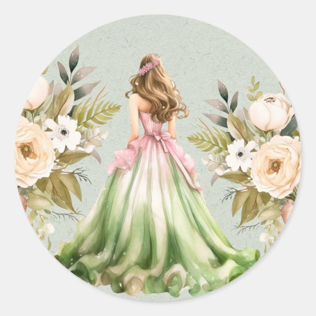 Green and Pink Quinceanera Birthday Party Classic Round Sticker (Front)