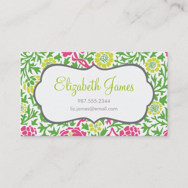 Green and Pink Retro Floral Damask Business Card (Front)