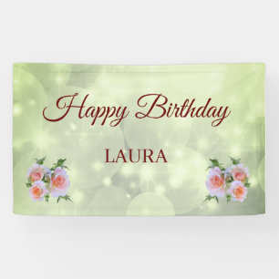 Green and Pink Roses Personalised Happy Birthday Banner