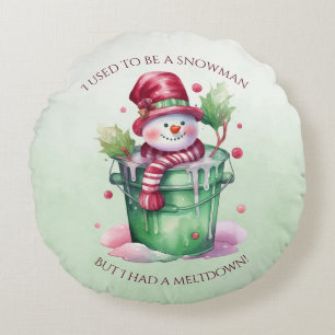 Green and Pink Snowman In A Pail of Water Round Cushion