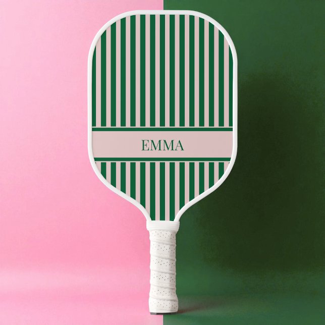 Green and Pink Stipes Modern Personalised Name Pickleball Paddle (Green and Pink Stipes Modern Personalized Name Pickleball Paddle)