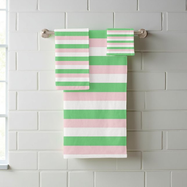 Green and Pink Stripes Pattern Stylish, Modern Bath Towel Set (Creator Uploaded)
