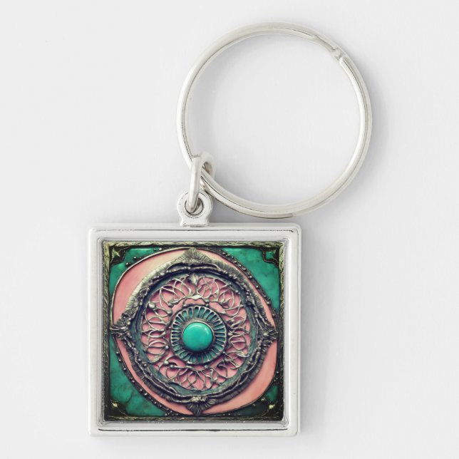 Green and pink Tourmaline Metal Art Key Ring (Front)
