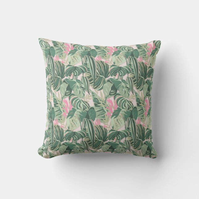 Green and Pink Tropical Leaves | Cabana Cushion (Front)