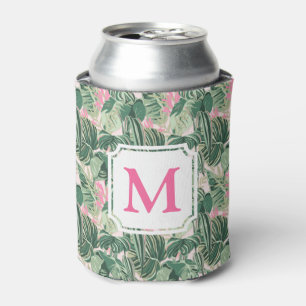 Green and Pink Tropical Leaves   Monogram Cabana C Can Cooler