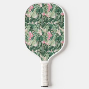 Green and Pink Tropical Leaves Pickleball Paddle