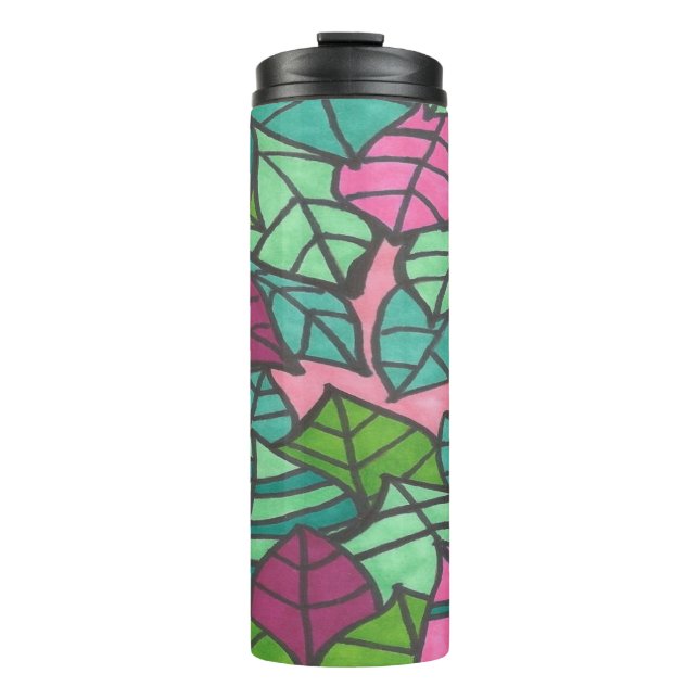 Green and Pink Tropical Leaves  Thermal Tumbler (Front)