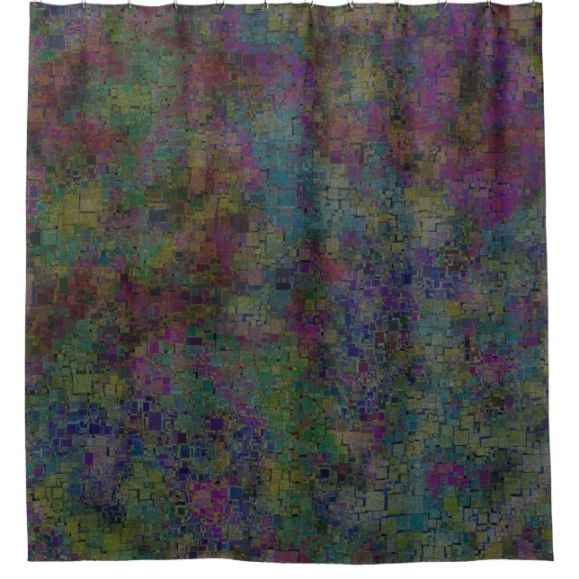 Green and Purple Abstract Squares Mosaic Tile Shower Curtain (Front)