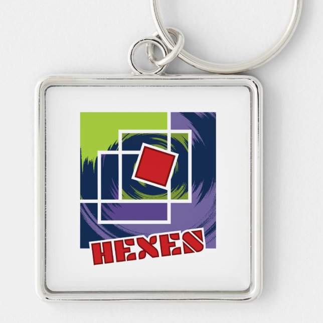 Green and Purple Abstract Squares with Hexes Text Key Ring (Front)