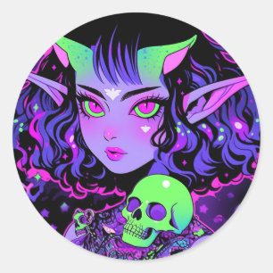 Green and Purple Alien Elf Anime Girl Classic Round Sticker