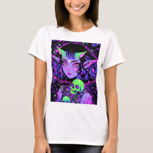 Green and Purple Alien Elf Anime Girl T-Shirt