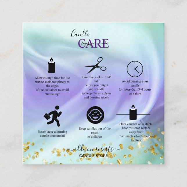 Green and Purple  Candle Care Square Business Card (Front)
