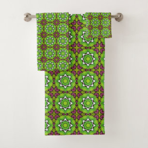 Green and purple geometric mandala pattern bath towel set