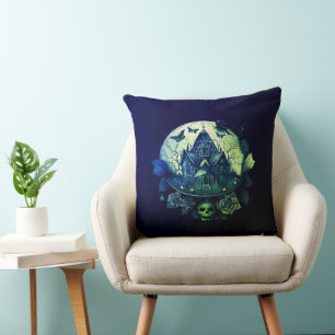 Green and Purple Gothic Haunted House Cushion