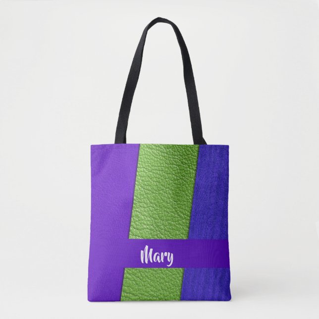 Green and purple leather textiled tote bag (Front)