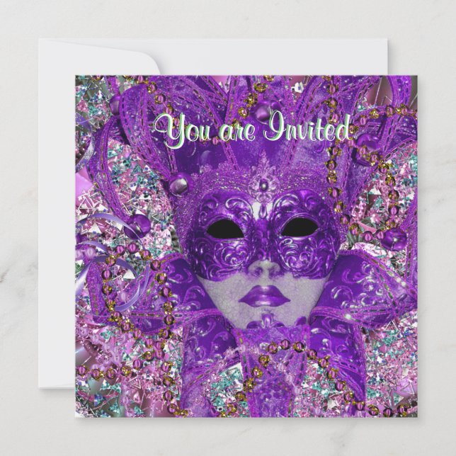 Green and Purple Masquerade Party Invitation (Front)