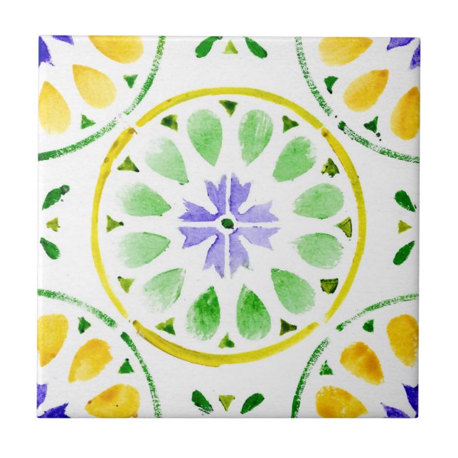 Green and purple Moroccan watercolour Tile (Front)