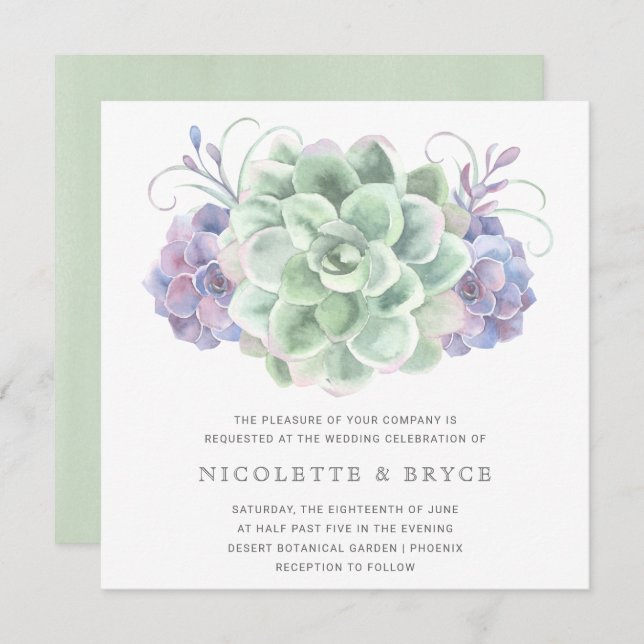 Green and Purple Succulent Bouquet Square Wedding Invitation (Front/Back)