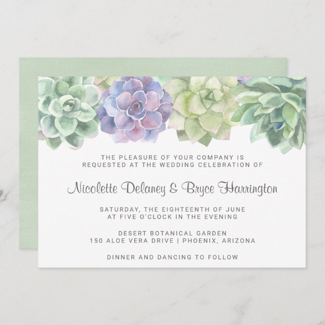Green and Purple Succulent Horizontal Wedding Invitation (Front/Back)