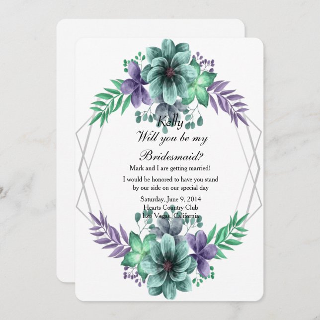 Green And Purple Watercolor Floral Bridesmaid Invitation (Front/Back)