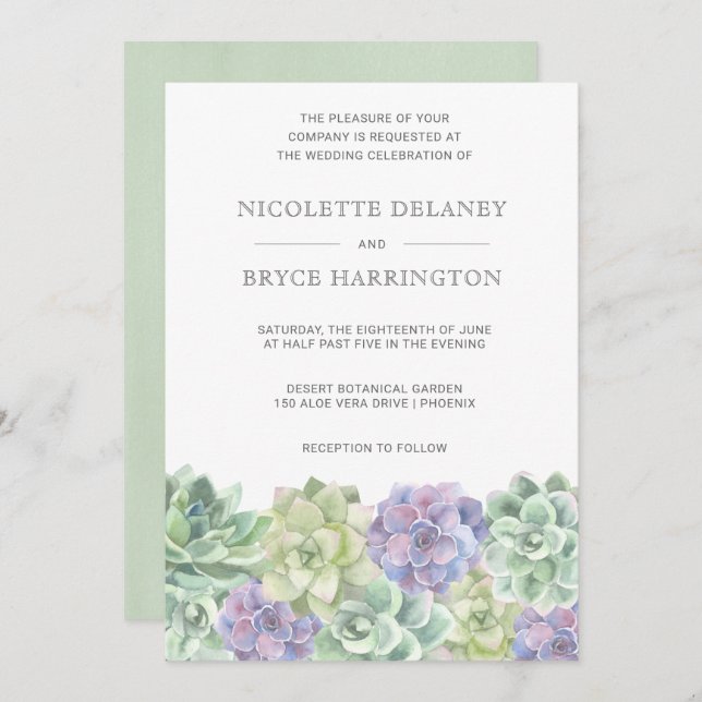 Green and Purple Watercolor Succulent Wedding Invitation (Front/Back)