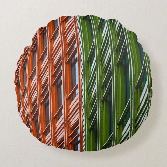 Green and red architectural structure round cushion (Front)