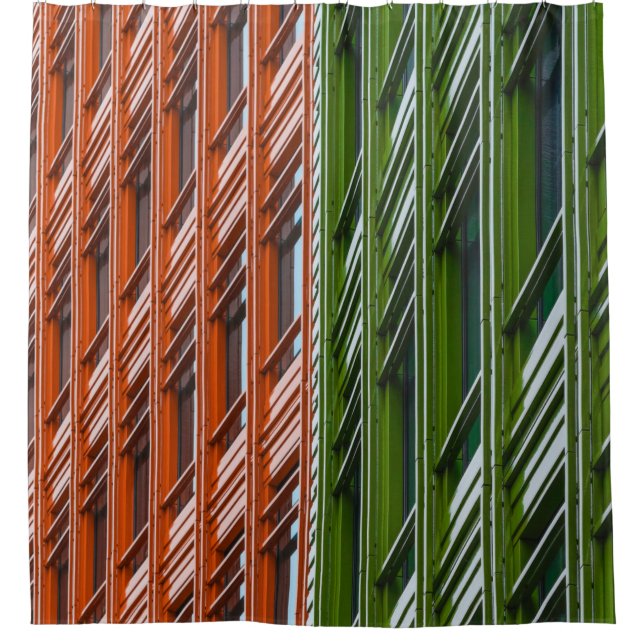 Green and red architectural structure shower curtain (Front)