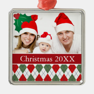 Green and Red Argyle Custom Photo Metal Tree Decoration