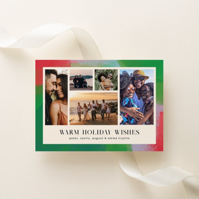 Green and Red Artful Painted Frame and Five Photo Holiday Card (Creator Uploaded)