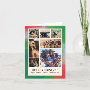 Green and Red Artful Painted Frame and Seven Photo Holiday Card