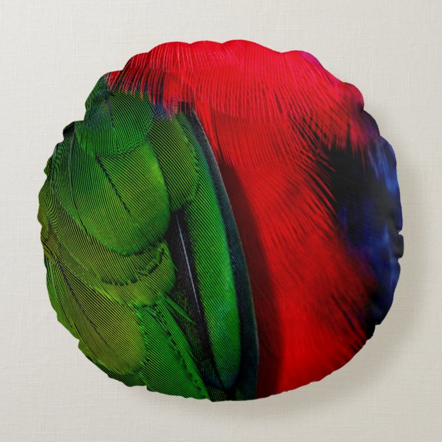 Green and red bird tails round cushion (Front)