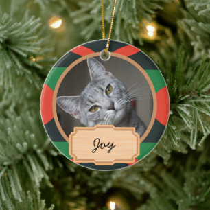 green and red christmas holiday Custom cat Photo Ceramic Tree Decoration