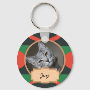 green and red christmas holiday Custom cat Photo Key Ring