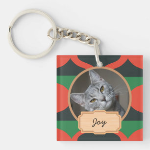 green and red christmas holiday Custom cat Photo   Key Ring