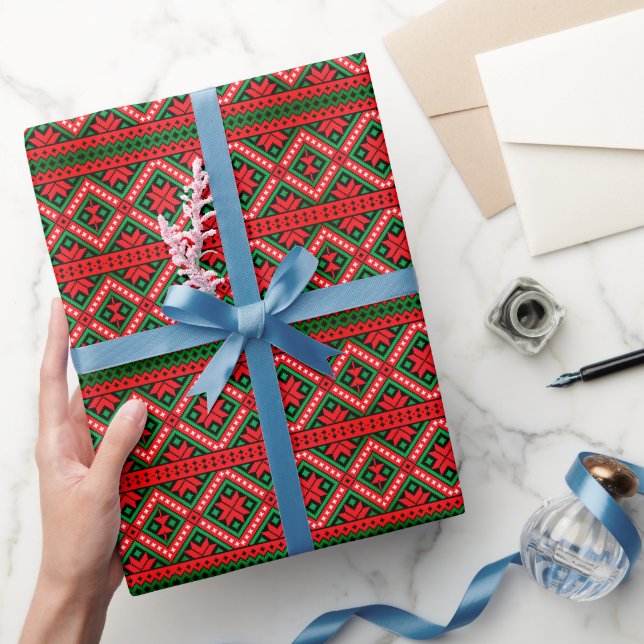 Green And Red Christmas Knit Pattern  Wrapping Paper (Gifting)