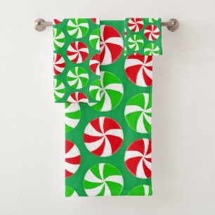 Green and Red Christmas Peppermint Spearmint Candy Bath Towel Set