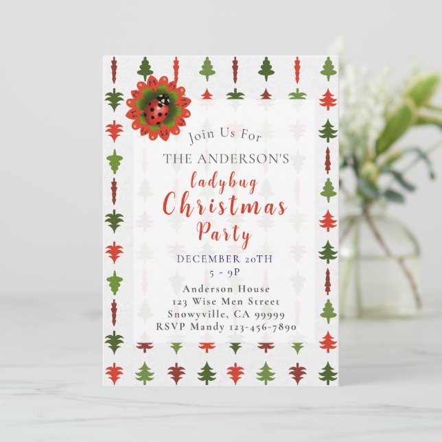 Green and Red Christmas Trees Ladybug Party Invitation (Standing Front)