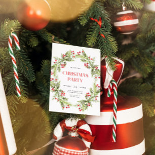 Green and Red Floral Wreath Christmas Invitation