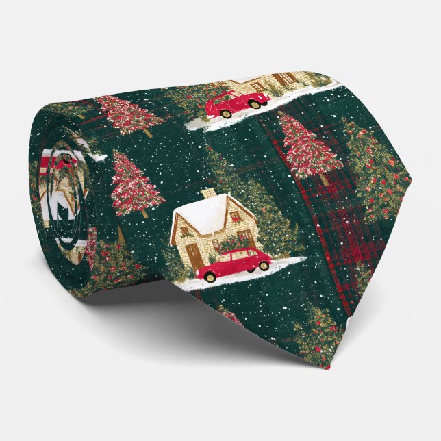 Green And Red Forest Christmas Village Tie (Rolled)
