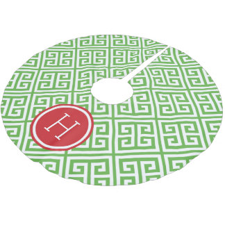 Green and Red Greek Key Monogram Brushed Polyester Tree Skirt