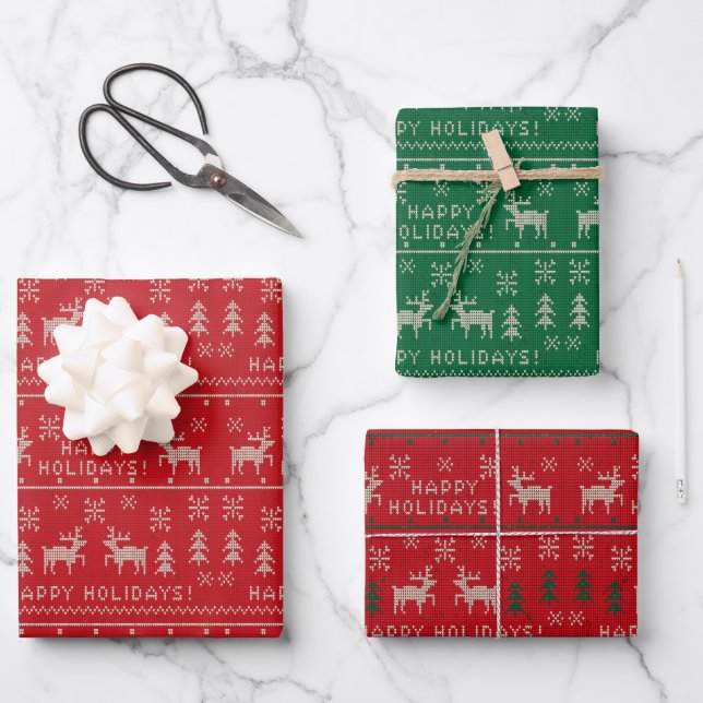 Green and Red Holiday Ugly Sweater Wrapping Paper (Front)